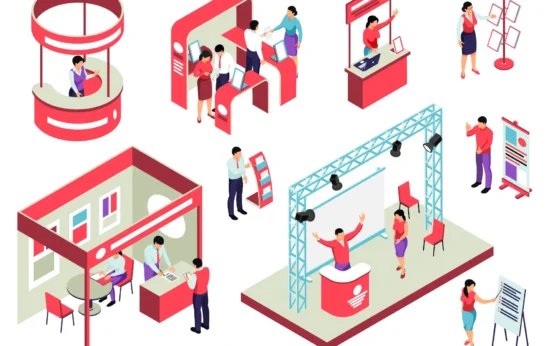 Ilustração de montagem de stands para eventos que atraem e convertem visitantes, com áreas de recepção, palco, pontos de interação e estrutura moderna.