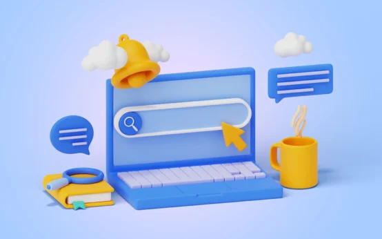 Ilustração de um laptop azul com uma barra de busca, destacando a importância de conteúdos educativos para aumentar a autoridade no Google. Inclui elementos como livros, chaleira e balão de aviso.