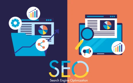 Ilustração de dispositivos digitais com gráficos, analises e ferramentas de SEO e marketing digital, destacando a importância de descrições técnicas bem escritas para SEO.