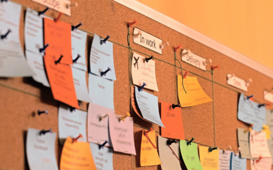 Quadro de planejamento com vários post-its coloridos organizados em colunas que representam etapas de tarefas.