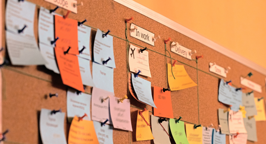 Quadro de planejamento com vários post-its coloridos organizados em colunas que representam etapas de tarefas.