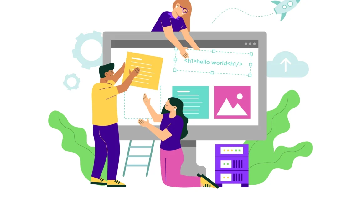 Como criar um site profissional que conquista a confiança dos visitantes: Ilustração vetorial de pessoas trabalhando em um site em uma tela grande, com código de exemplo, seções de conteúdo e gráficos, transmitindo uma comunicação profissional.