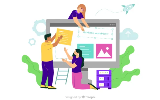 Como criar um site profissional que conquista a confiança dos visitantes: Ilustração vetorial de pessoas trabalhando em um site em uma tela grande, com código de exemplo, seções de conteúdo e gráficos, transmitindo uma comunicação profissional.