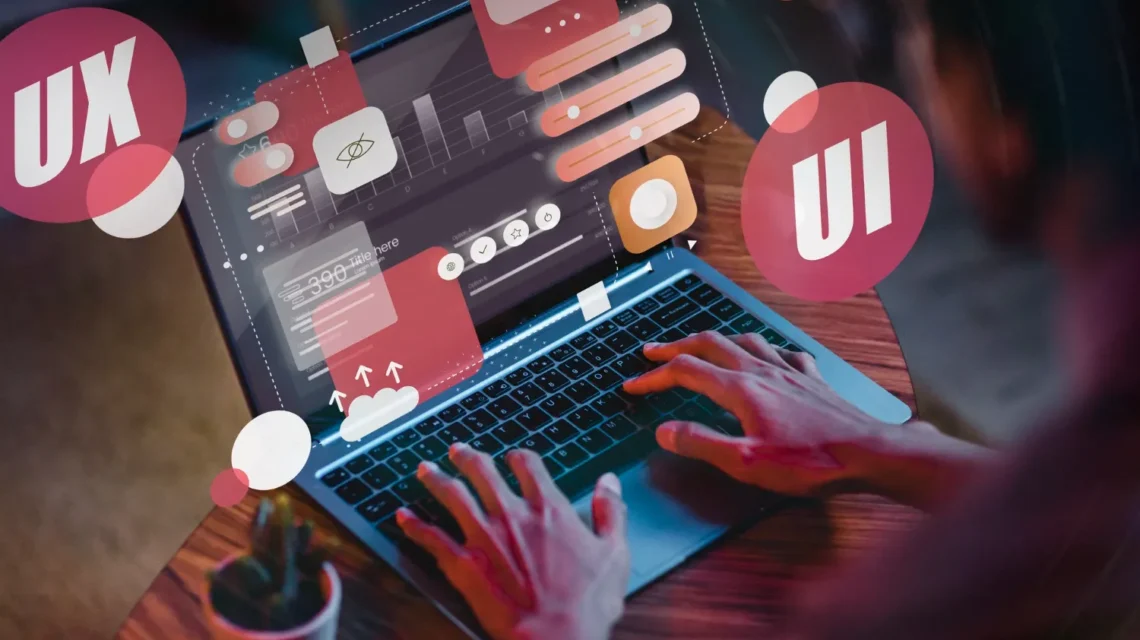 SEO para Sites: 10 Boas Práticas para Melhorar a Visibilidade no Google: Pessoa usando notebook com interface de tecnologia e ícones de mídia, como gráficos, alertas e UX, sugerindo automação e SEO para sites.