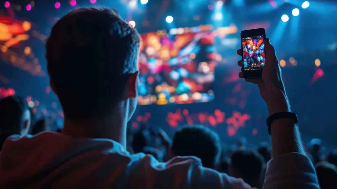 Marketing de festival: Como Rock in Rio e Coachella Viraram Laboratórios de Branded Experience para Marcas: Pessoa em um festival de música com celular em mãos gravando o show ao vivo, luzes de palco e multidão desfocadas ao fundo, imagem em clima de evento e branded experience