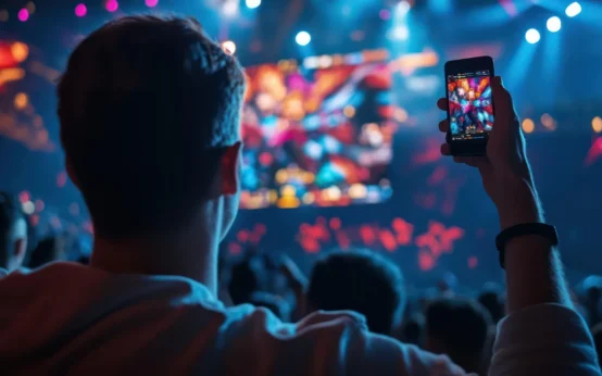 Marketing de festival: Como Rock in Rio e Coachella Viraram Laboratórios de Branded Experience para Marcas: Pessoa em um festival de música com celular em mãos gravando o show ao vivo, luzes de palco e multidão desfocadas ao fundo, imagem em clima de evento e branded experience