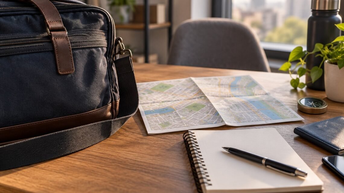 Bolsa, mapa e caderno para planejamento de atividades; imagem ilustrativa de investigação particular