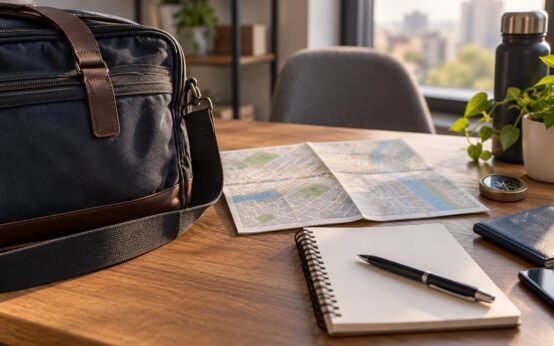 Bolsa, mapa e caderno para planejamento de atividades; imagem ilustrativa de investigação particular